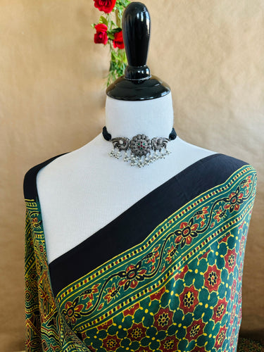 Ajrakh hand block printed modal silk saree | Dark Green | Ships from California